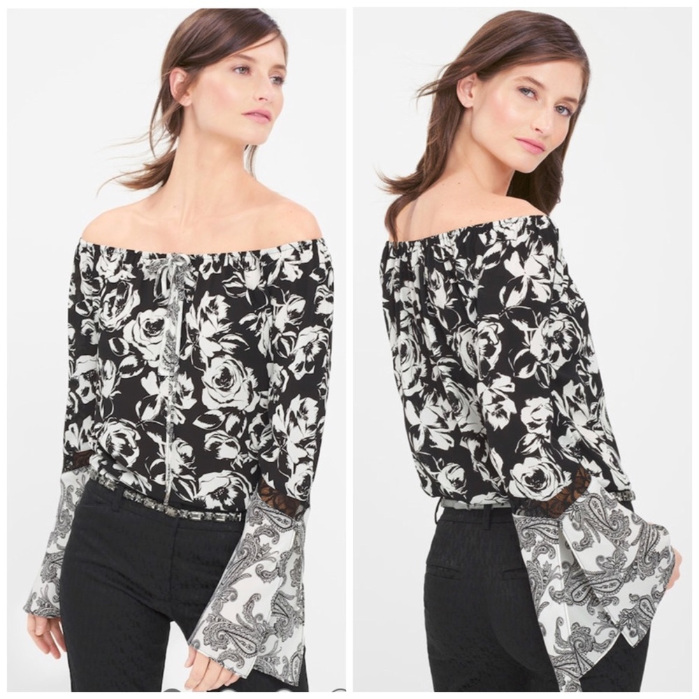 White House Black Market WHBM Off The Shoulder Floral Paisley Blouse Top